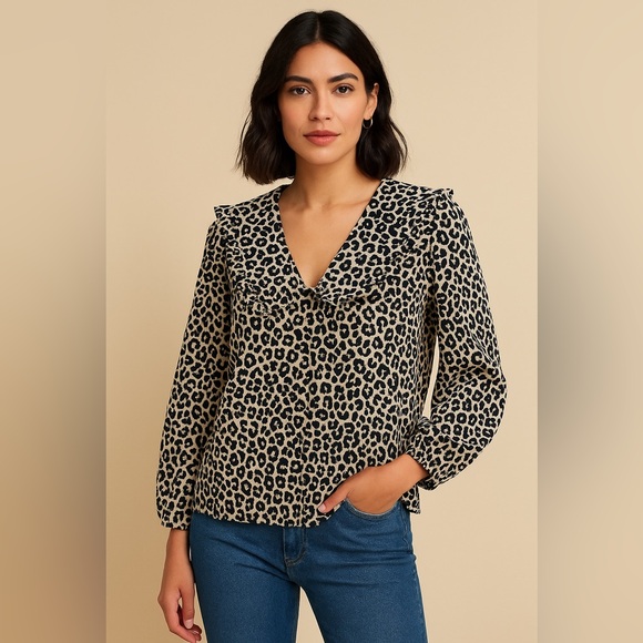 Whistles Leopard Print Ruffle Collar Blouse Long Sleeve V-Neck UK 6 US 2 - Picture 1 of 13
